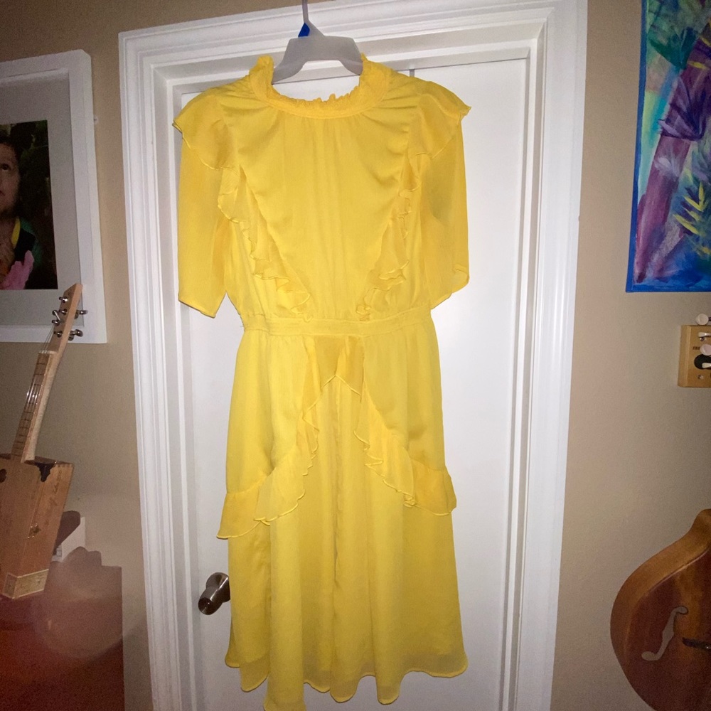Yellow Ruffled mock turtle neck dress.